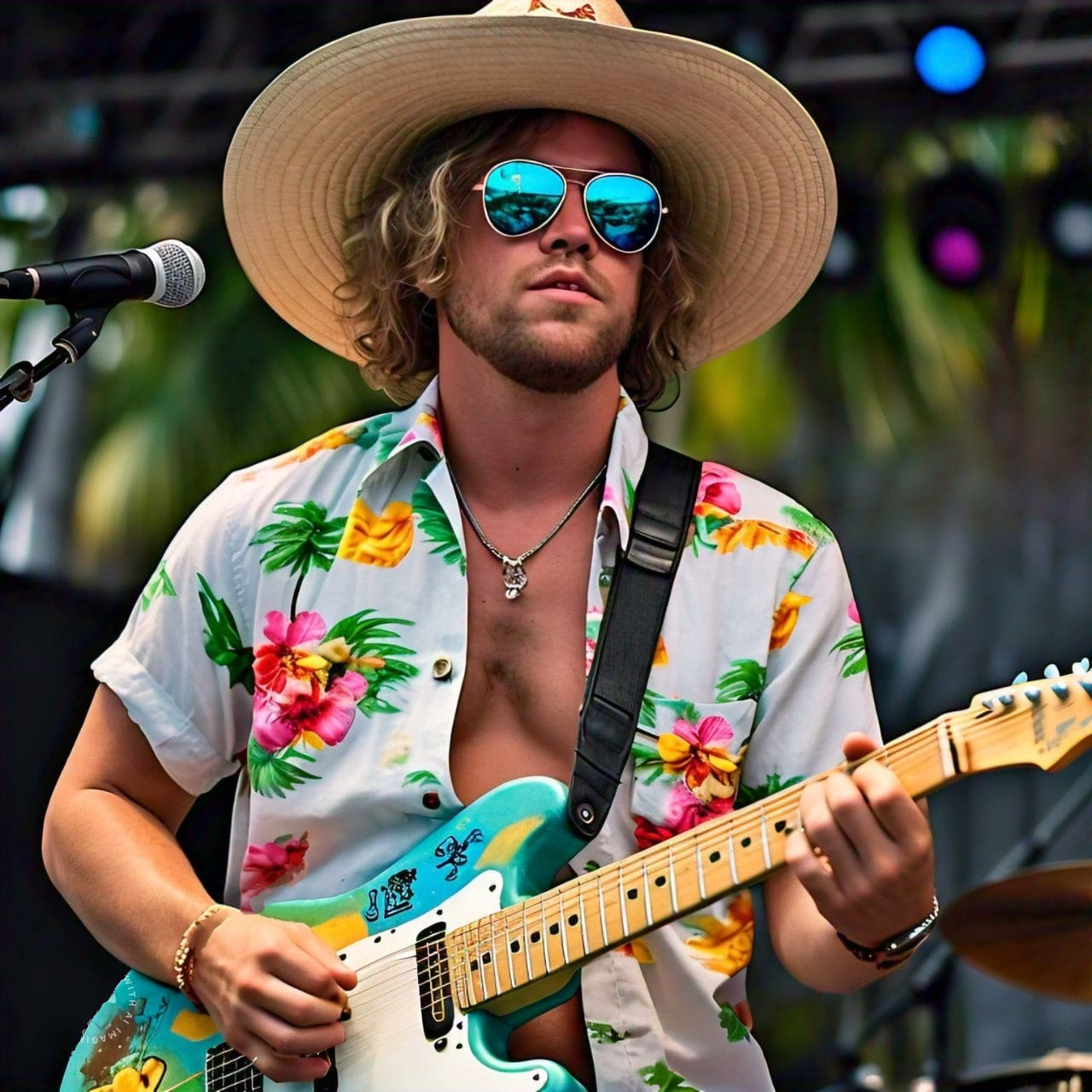 Tropical rock musician Jimmy Shoals performing on stage